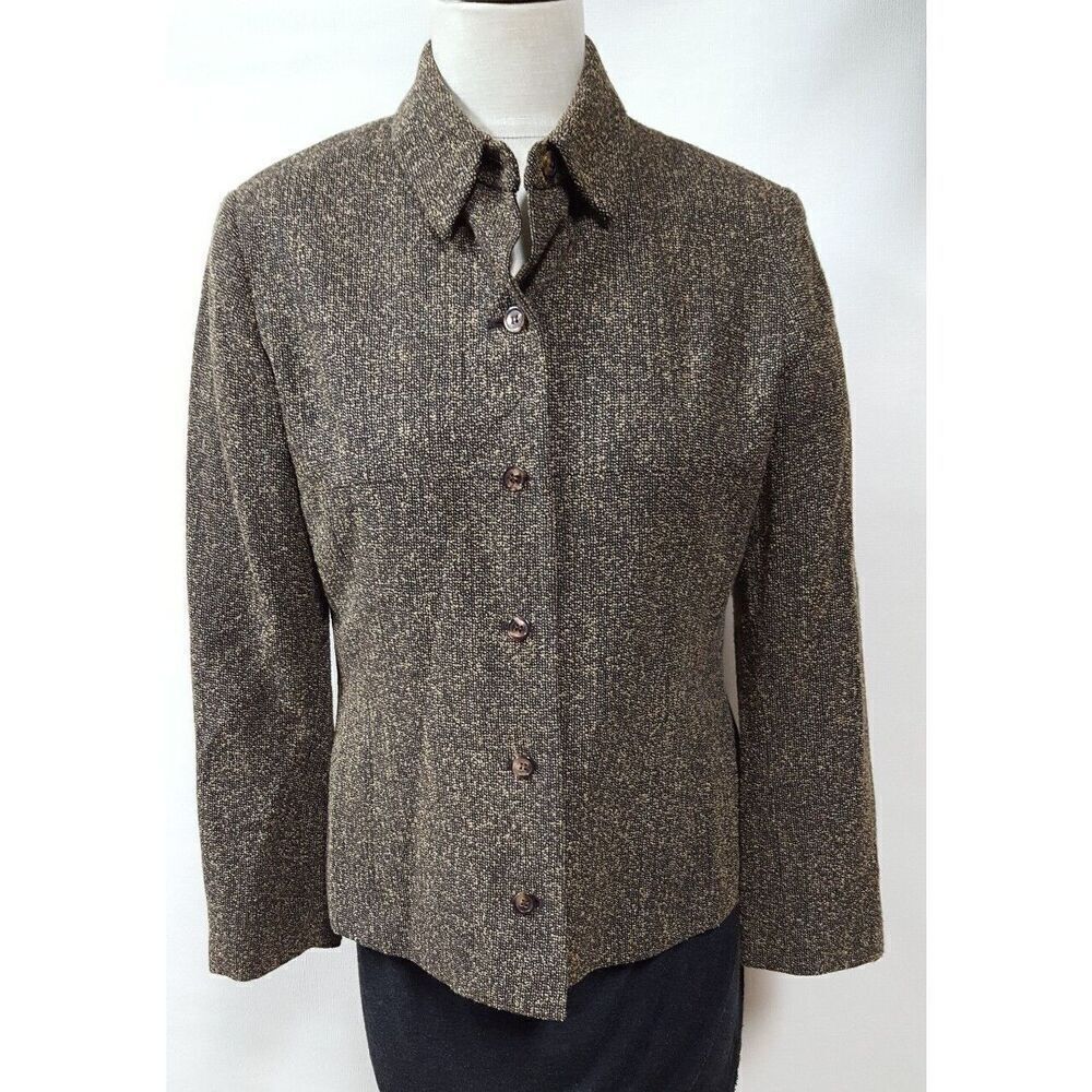 Jones Wear Brown Tweed Blazer Size 12P  Button Front Lined Career Office Wear